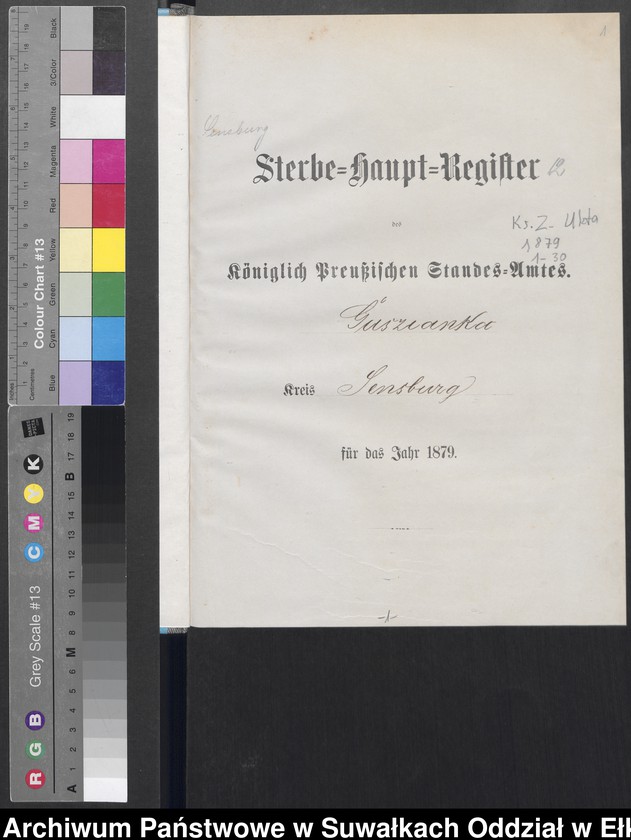 Obraz z jednostki "Sterbe-Haupt-Register des Königlich Preussischen Standes-Amtes Guszianka Kreis Sensburg"