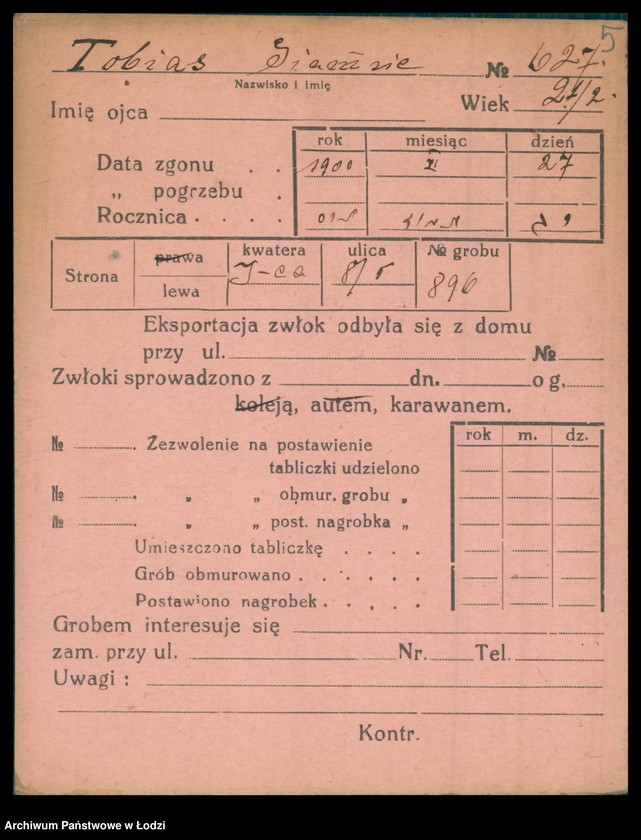 Obraz 6 z jednostki "Kartoteka osób pochowanych na cmentarzu żydowskim przy ulicy Brackiej w latach 1892-1957. Nazwiska na litery: To-Ty"
