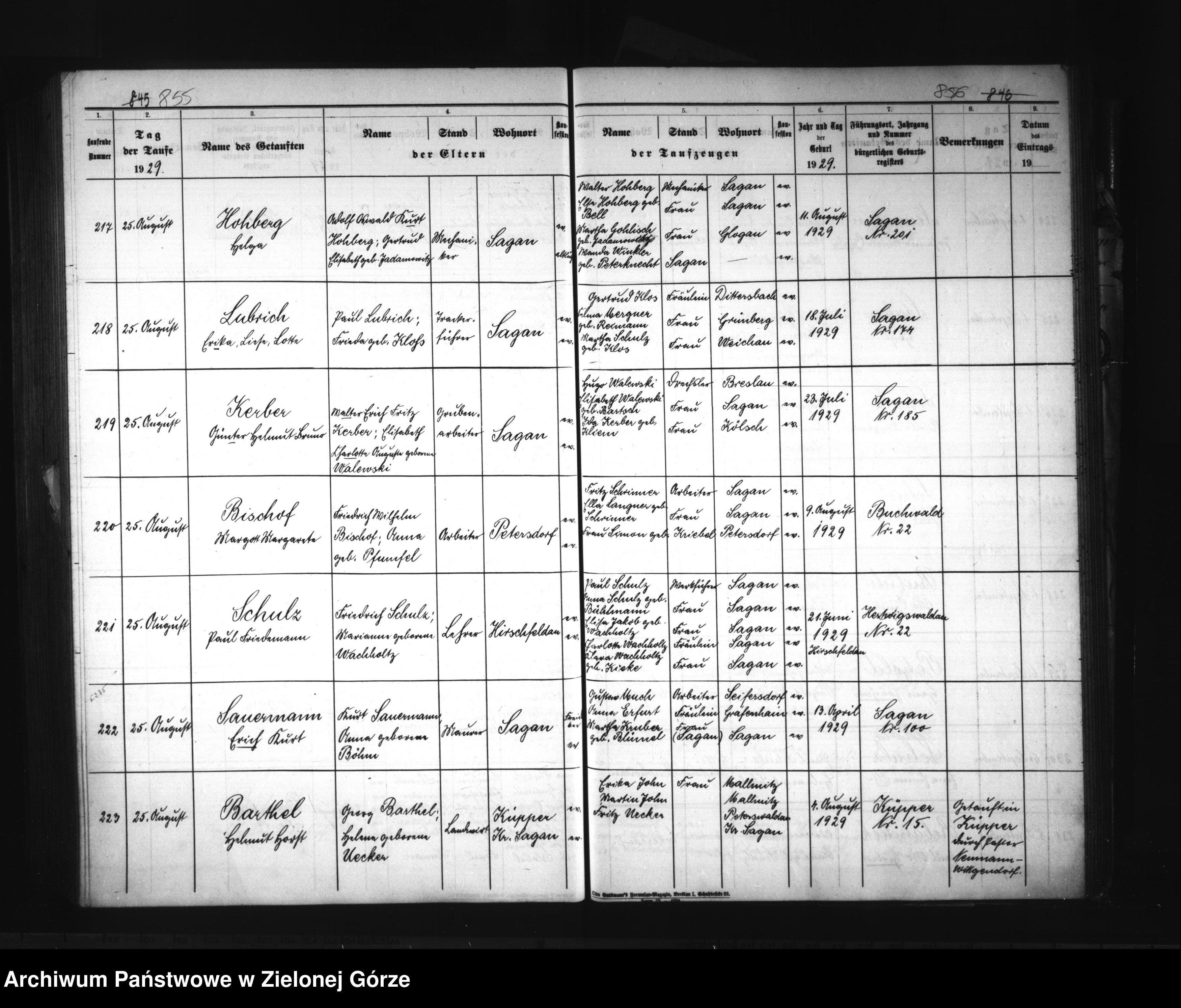 Skan z jednostki: Verzeichnis der Getauften der evangelischen Kirche zu Sachen angefangen 1. Januar 1921