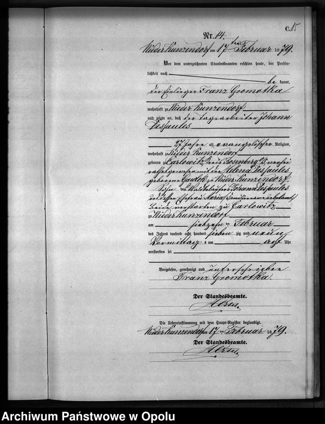 Obraz 18 z jednostki "Sterbe-Neben-Register Standesamts Kunzendorf pro 1879"