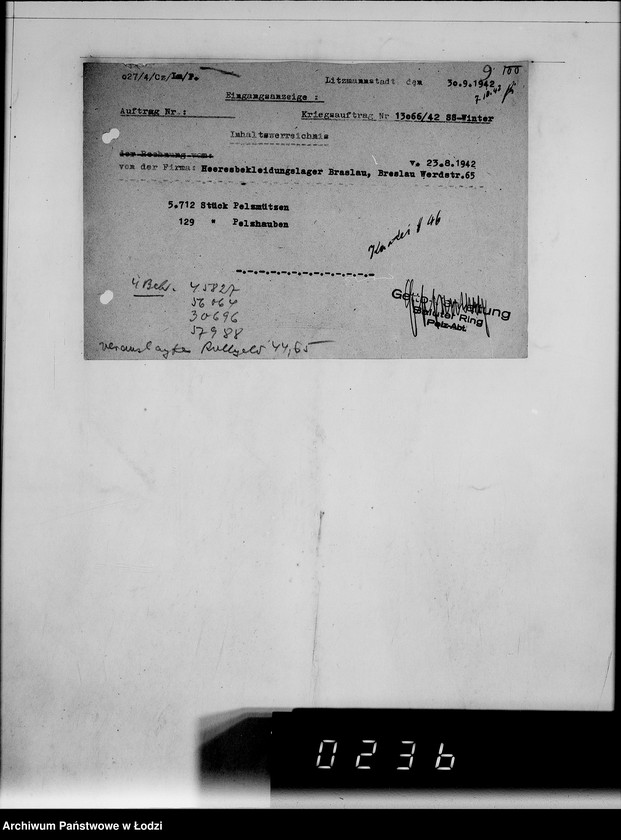 Obraz 13 z jednostki "456 Kriegsauftrag SS 13066/42 5712 Pelzmützen, 129 Pelzhauben HBA Berlin II"