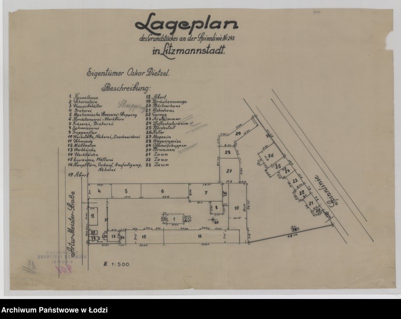 Obraz 1 z jednostki "Lageplan des Grundstückes an der Spinnlinie Nr 243 in Litzmannstadt"