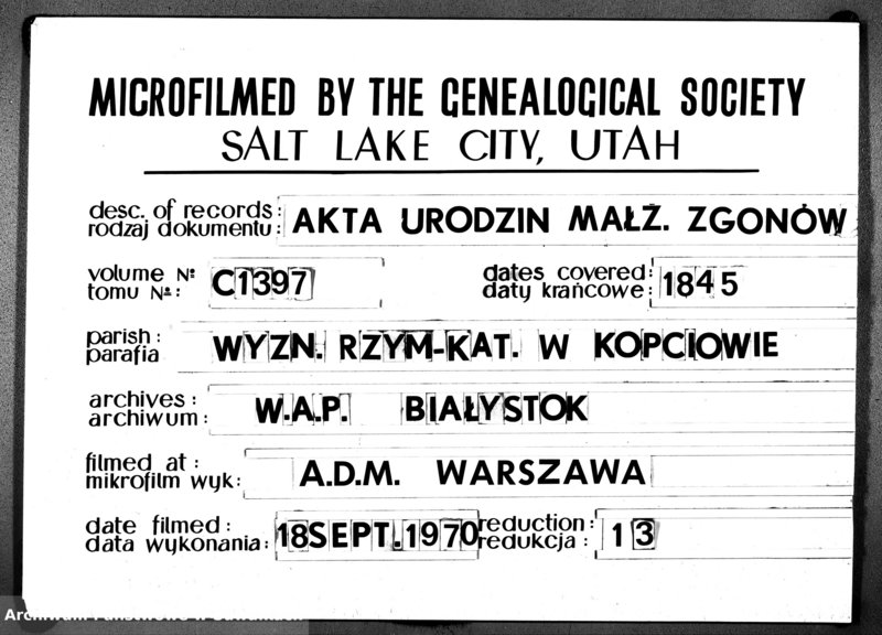 image.from.unit.number "Księga Duplikat Urodzonych, Zaślubionych i Zeszłych Parafii Kopciowskiey służyć mająca na Rok 1845"