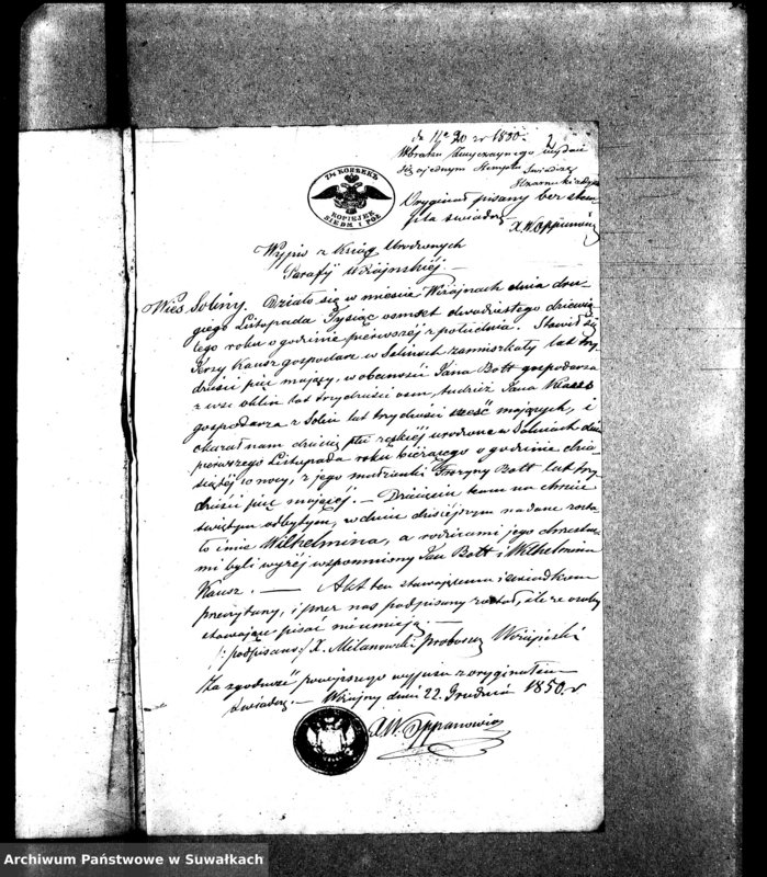 image.from.unit.number "Dowody do aktów małżeństw Parafii Ewangelickiey Wiżayny z roku 1850"
