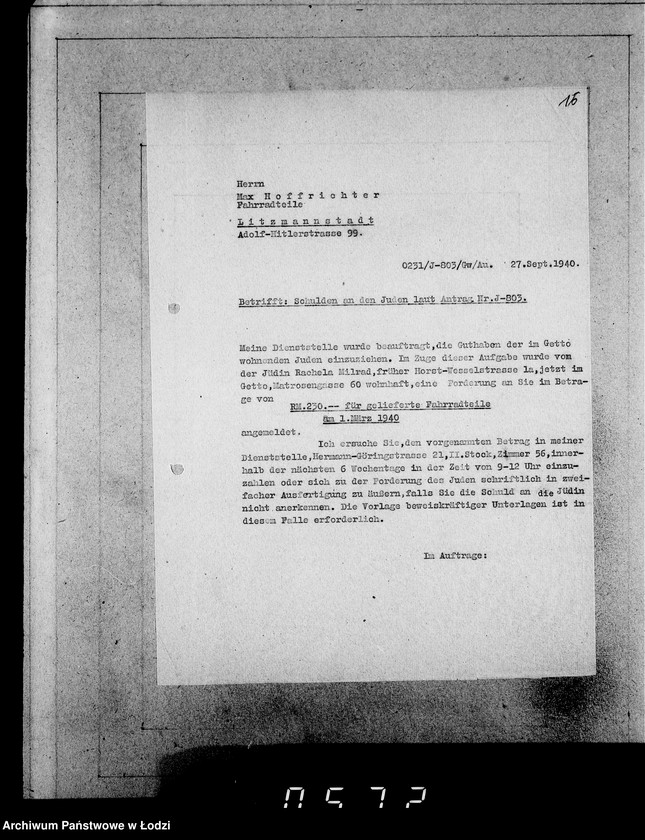 Obraz 20 z jednostki "J.801-820 [Wnioski Żydów z Getta o zwrot należności za towar wzięty na kredyt oraz za wykonaną pracę]"