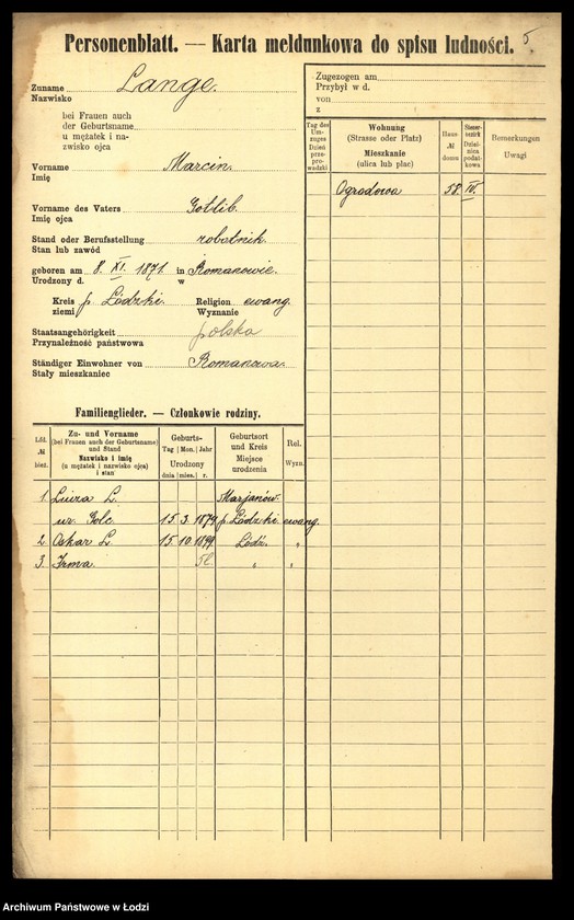 Obraz 7 z jednostki "[Spis ludności Łodzi] Lange - Langner"