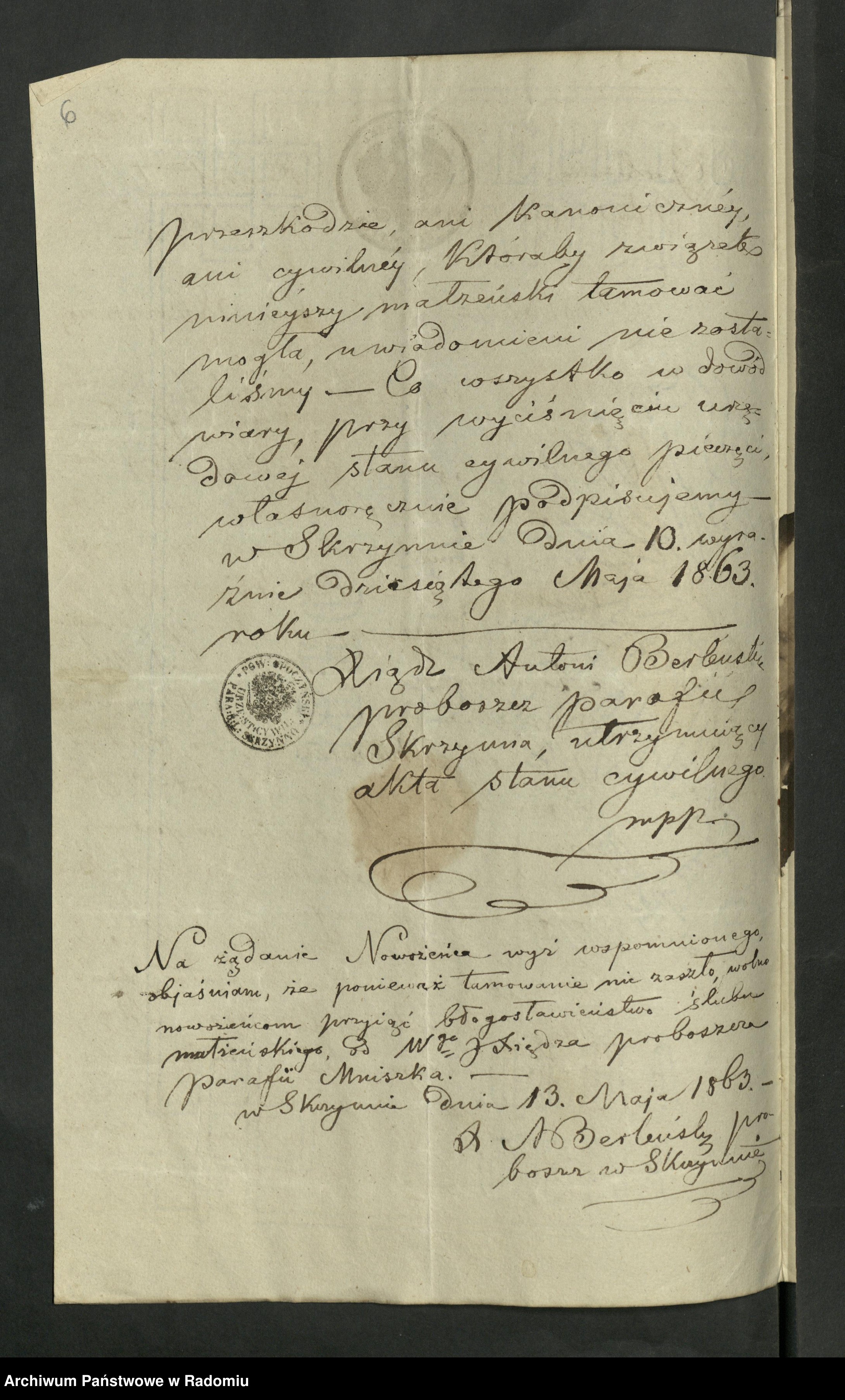 Skan z jednostki: Allegata do aktów zaślubionych w parafii Mniszek w roku 1863