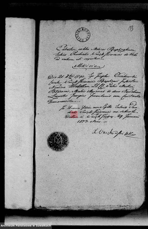 image.from.unit.number "Anexa do Aktów Urzędnika Stanu Cywilnego Gminy Święto-Jezierskiej Na rok 1813"