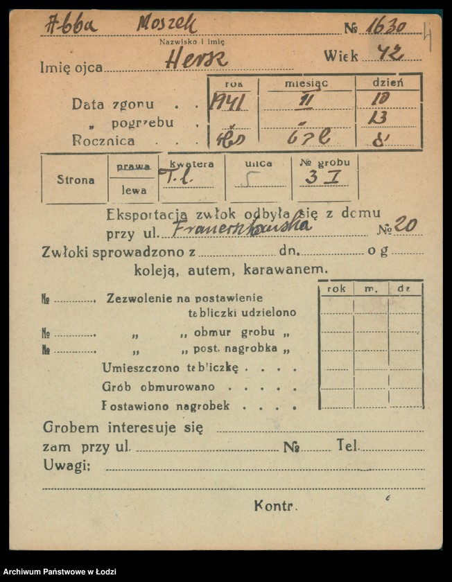 Obraz 5 z jednostki "Kartoteka osób pochowanych na cmentarzu żydowskim przy ulicy Brackiej w latach 1892-1959. Nazwiska na literę A"