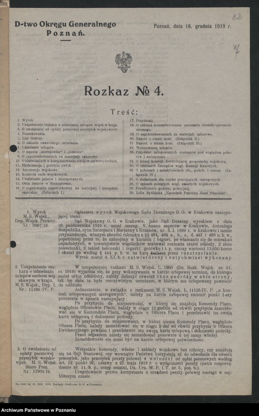 Obraz 14 z jednostki "/Rozkazy Dowództwa Okręgu Generalnego w Poznaniu/, nr 1-6."