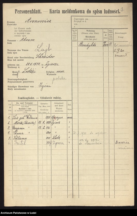 Obraz 9 z jednostki "[Spis ludności Łodzi] Aronowicz - Auerbach"