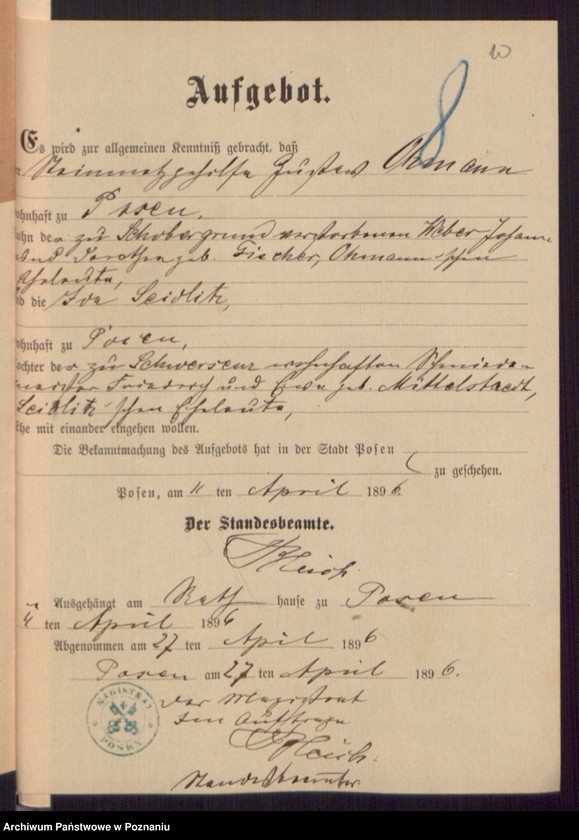 Obraz 12 z jednostki "Die von den Verlobten beigebrachten Urkunden zur Eheschliessung pro 1896"