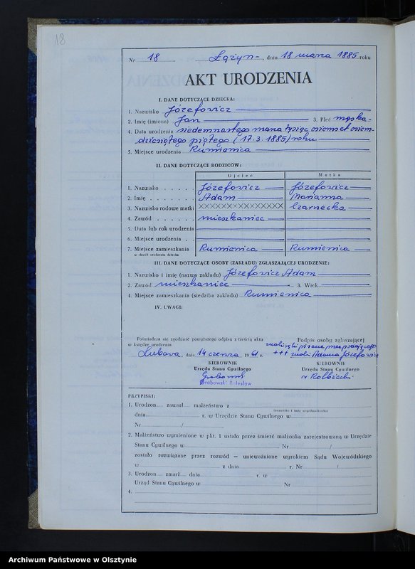 Obraz 20 z jednostki "Ksiega urodzeń Nr 1 - 90 /przepisana w języku polskim z oryginału niemieckiego w dniach 2.06.-16.06.1961/"