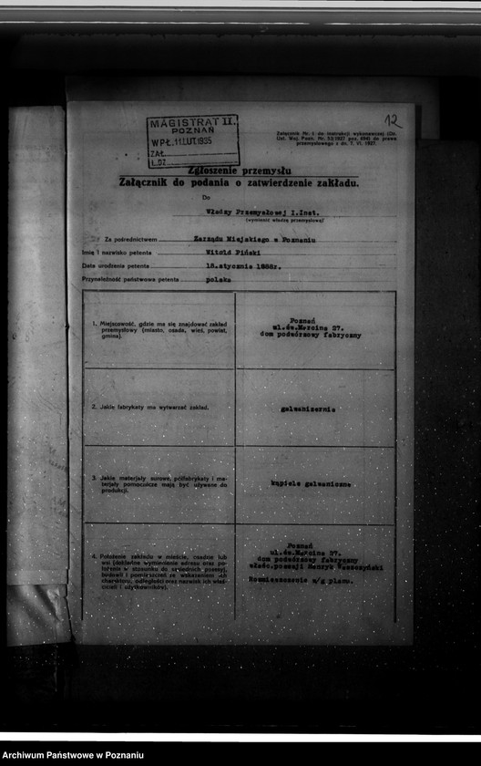 Obraz 17 z jednostki "Zatwierdzenie zakładu przemysłowego /warsztatu galwanizacyjnego/ W. Pińskiego w Poznaniu"