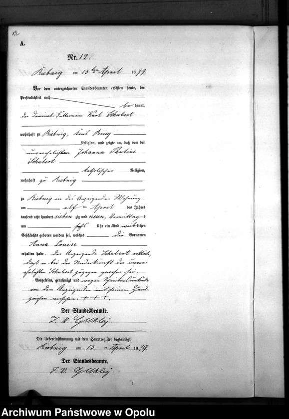 Obraz 15 z jednostki "Geburts-Neben-Register Standes-Amt Riebnig 1879"