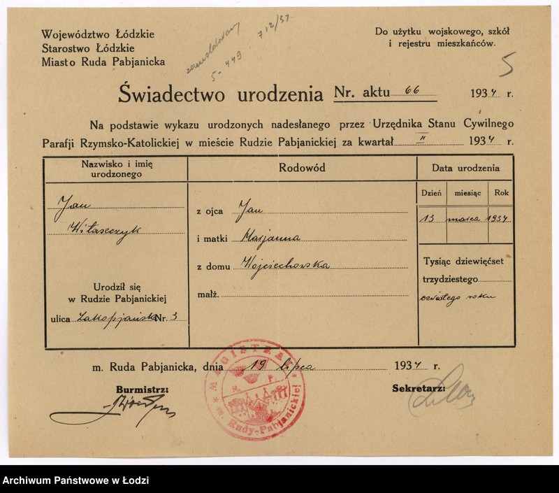 image.from.unit.number "Dokumenty do rejestru mieszkańców Rudy Pabianickiej. Witaszczyk Jan - Wróblewska Marianna"