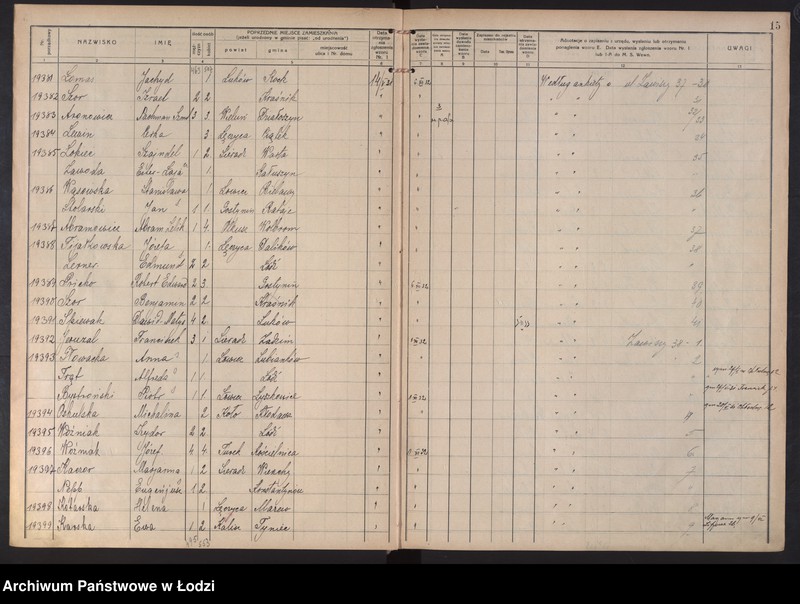 Obraz 18 z jednostki "Księga kontroli ruchu ludności (rejestr osób przybywających do gminy) Łódź, komisariat III, ks. X, nr 19144-20813"