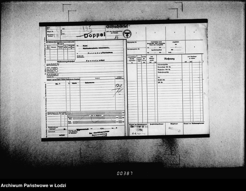 Obraz 20 z jednostki "Frachtbriefe [doppel einige Ausgang] vom 801-1300. [Wtórniki listów przewozowych]"