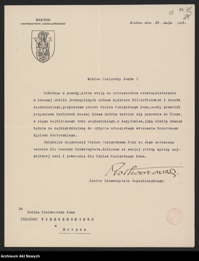image.from.unit.number "Korespondencja dotycząca nadania dyplomów doktoratów honoris causa przez Uniwersytet Jagielloński, Uniwersytet Poznański i Uniwersytet Warszawski; Są 2 dyplomy: UW i UP - przechowywany oddzielnie (duży format)"