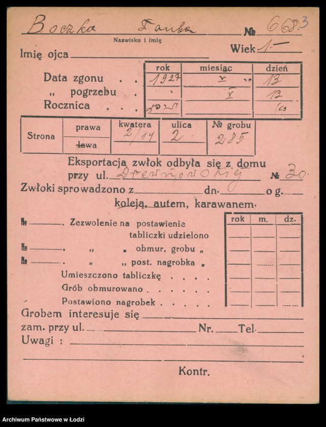 Obraz 4 z jednostki "Kartoteka osób pochowanych na cmentarzu żydowskim przy ulicy Brackiej w latach 1892-1956. Nazwiska na litery: Bock-Bö"