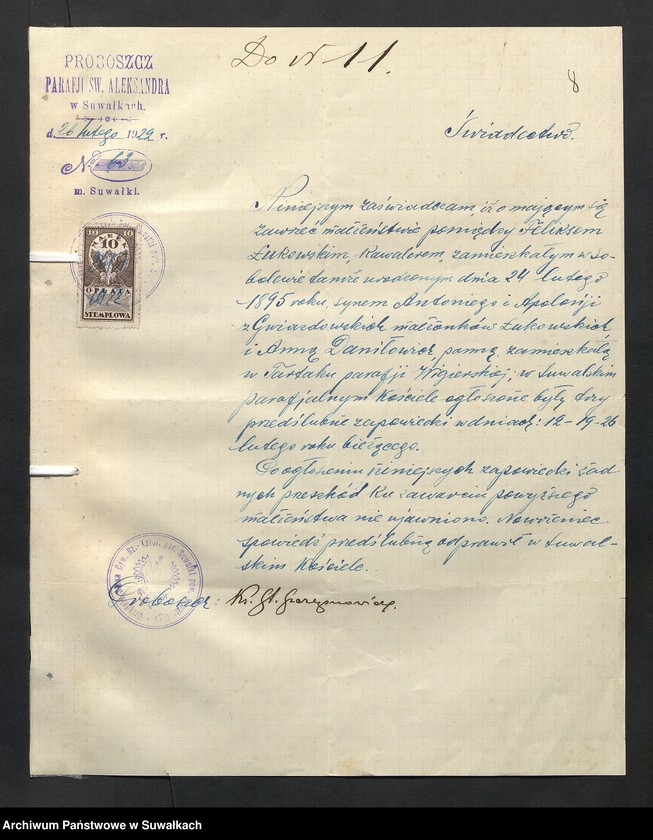 image.from.unit.number "[Dokumenty do akt małżeństw parafii rzymskokatolickiej w Wigrach z 1922 roku]"
