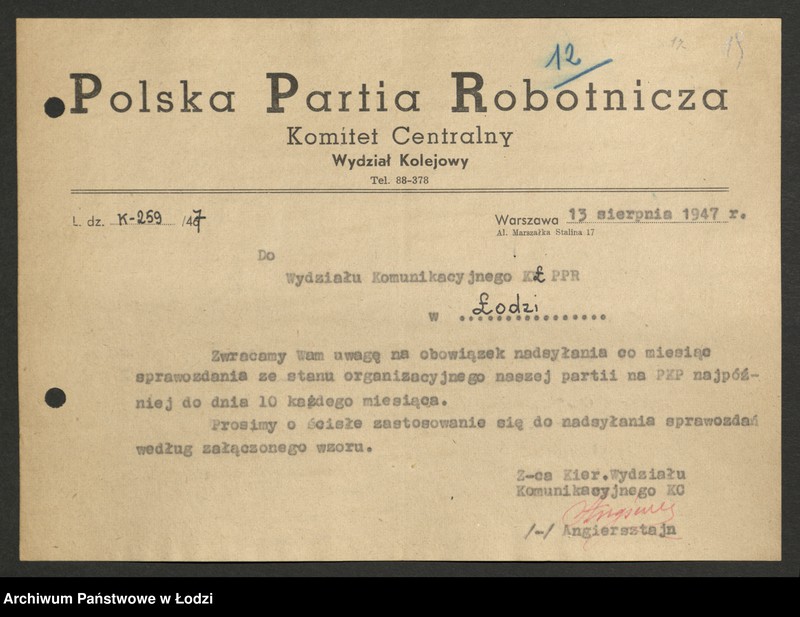 Obraz 20 z jednostki "Korespondencja [z Wydziałem Kolejowym KC]"