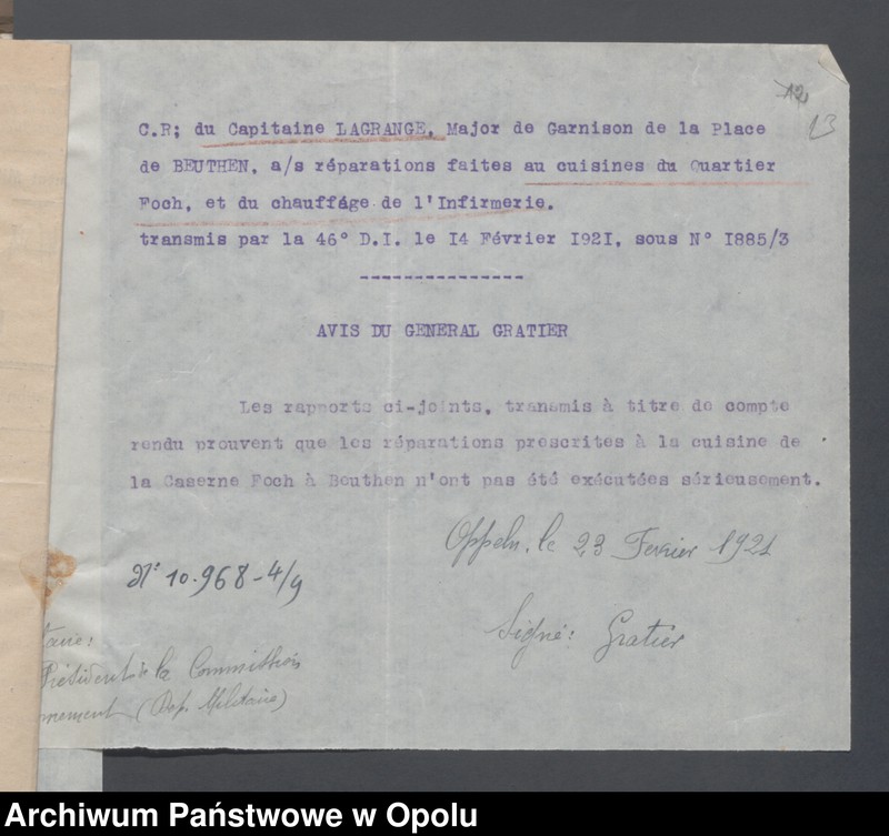 Obraz 15 z jednostki "Service du Genie-Casenement-Cantonnement  /Korespondencja i zarządzenia z zakresu rozlokowania wojska, przydziały koszar/ 4.02.- 10.09.1921"