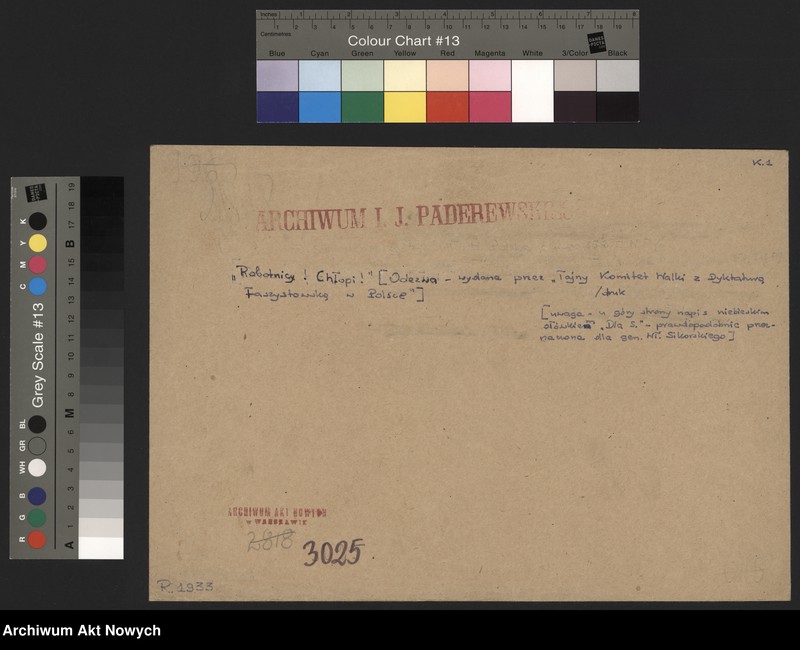 image.from.unit.number "Tajny Komitet Walki z Dyktaturą Faszystowską w Polsce. Odezwa pt. "Robotnicy! Chłopi!". U góry napis niebieskim ołówkiem - "Ola S." - prawdopodobnie przeznaczona dla Wł. Sikorskiego"