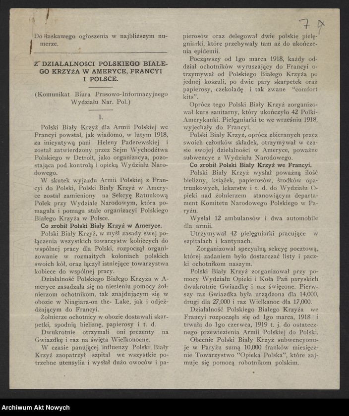 image.from.unit.number "Materiały propagandowo-informacyjne o działalności Polskiego Białego Krzyża: odezwy, przemówienia, artykuły i notatki prasowe"
