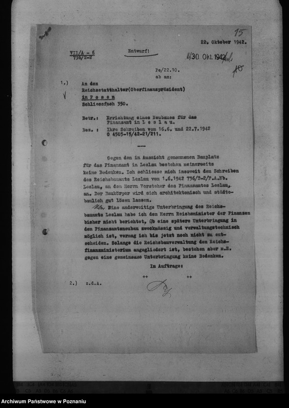 Obraz 20 z jednostki "Finanzämter - Neubauten der Dienstgebäude in Leslau, Lissa, Gnesen, Turek"