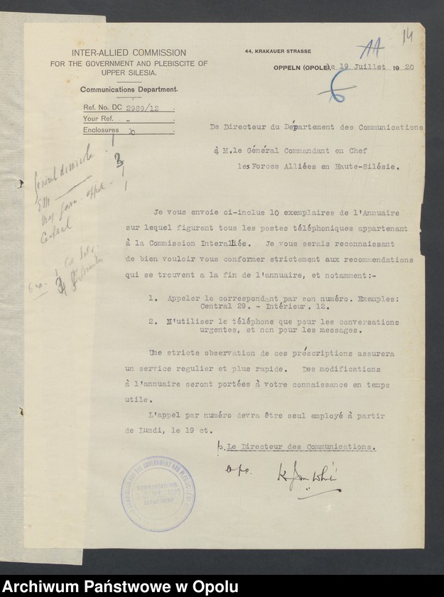 Obraz 15 z jednostki "Entress /Korespondencja wpływająca pochodząca od władz wyższych i jednostek podległych - pisma, zarządzenia/ 30.06.-29.10.1920"