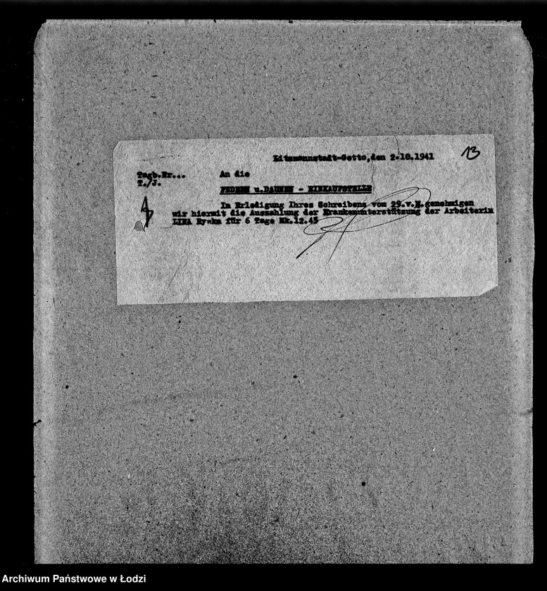 Obraz 13 z jednostki "Federn-und Daunen Abteilung [Zasiłki chorobowe dla pracowników wydziału, zaświadczenia lekarskie, listy pracowników]"