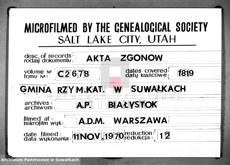 image.from.unit.number "Księga urzędnika stanu cywilnego gmniny suwalskiey zawierająca w sobie akta zejścia na rok 1819"