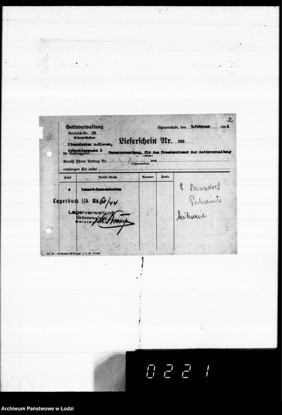 Obraz 6 z jednostki "Warenverwertung an den Ältesten der Juden 4 kompl.Gardinen [oraz konfekcji]"