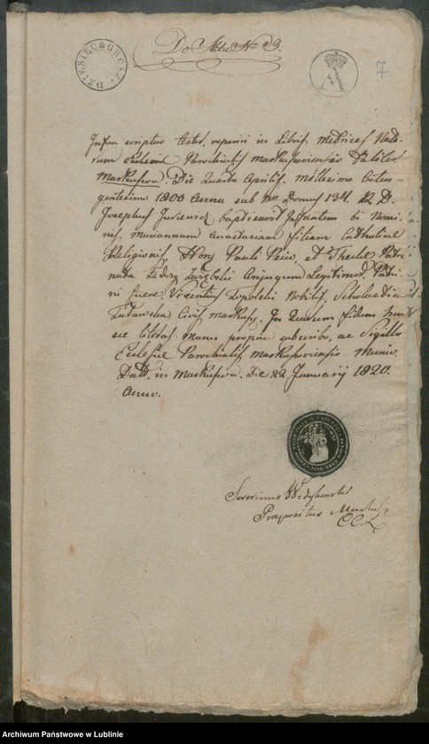 image.from.unit.number "Alegaty do ksiąg urodzeń, zapowiedzi, małżeństw i zgonów z lat 1820 - 1821"