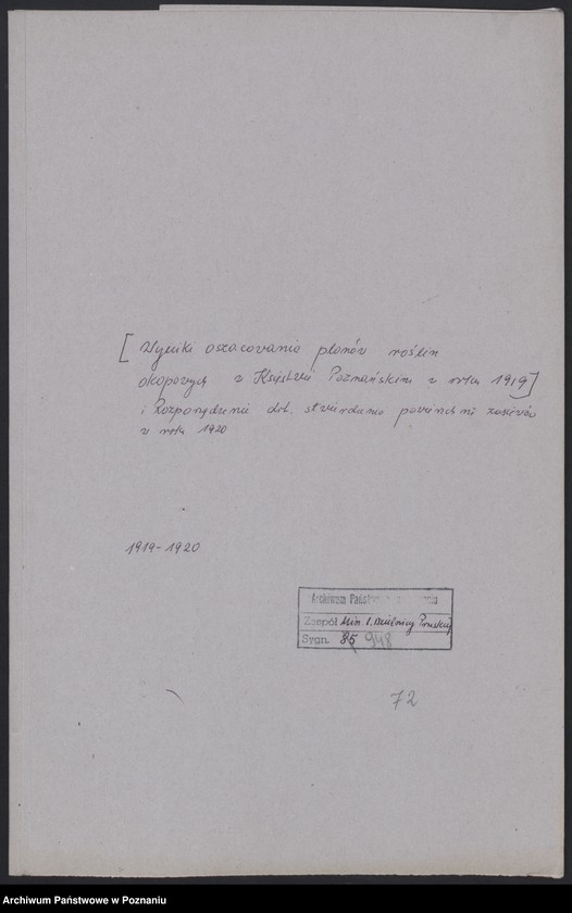 Obraz 2 z jednostki "[Wyniki oszacowania plonów roślin okopowych w Księstwie Poznańskim w roku 1919] i Rozporządzenie dotyczące stwierdzenia powierzchni zasiewów w roku 1920"