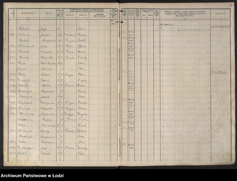 Obraz 19 z jednostki "Księga kontroli ruchu ludności (rejestr osób przybywających do gminy) Łódź, komisariat IV, ks. III, nr 6150-9390"