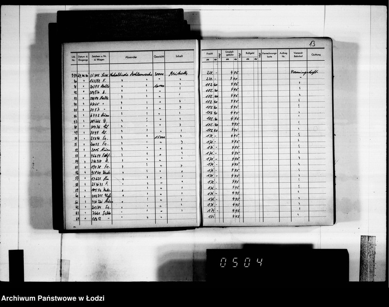 Obraz 17 z jednostki "Frachten Eingang [rejestr listów przewozowych]"