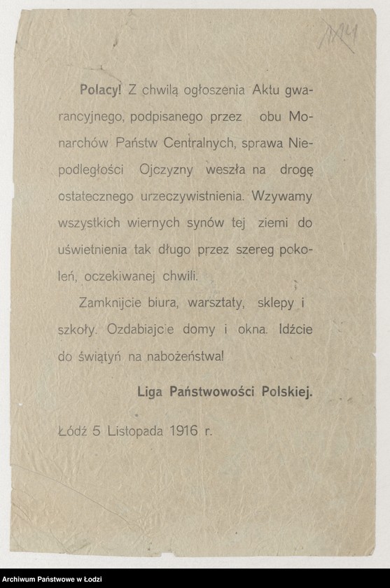 Obraz 1 z jednostki "[Odezwa Ligi Państwowości Polskiej w Łodzi w sprawie proklamacji państwa polskiego]"