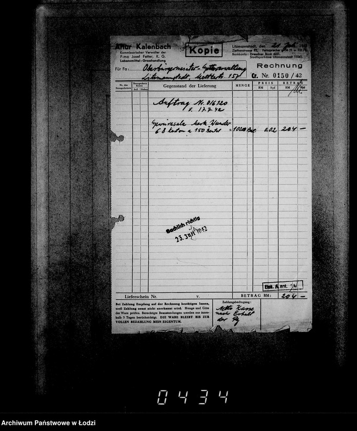 Obraz 7 z jednostki "Aufträge, [Lieferscheinen und Rechnungen] 16051-16121 [Zamówienia, rachunki, dowody dostaw, zapotrzebowania na żywność dla Getta]"