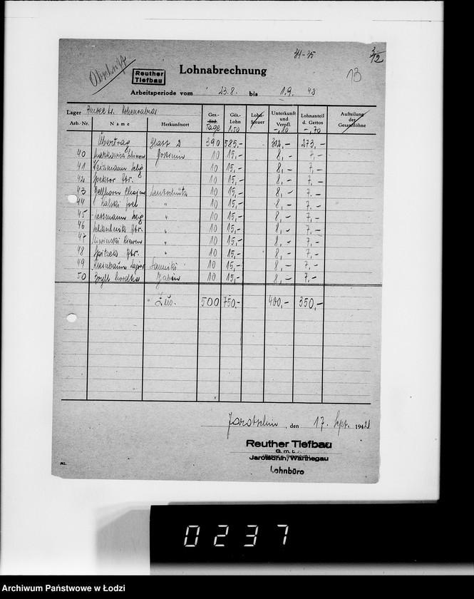 Obraz 16 z jednostki "Sonderkonto 12300. Arbeitsamt Hohensalza Lager:Amsee (Reuther- Tiefbau), Hohensalza Amsee, (Continentale Wasserwerk- Gesellschaft), Bahnhof Hohensalza (Otto Quast), Jakschitz (Otto Quast), Weidener Weiche, Reichsbahn (Otto Quast)."