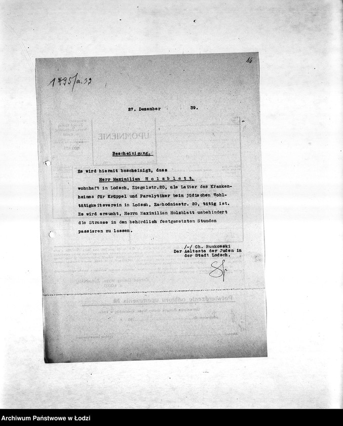 Obraz 19 z jednostki "Sprawy zaświadczeń [m.in. o zatrudnieniu mieszkańców getta, wysokości poborów, miejscu zamieszkania, sytuacji materialnej, wsparciach pieniężnych]"