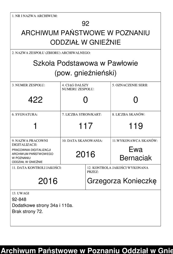Obraz 1 z jednostki "Chronik der katholischen Schule zu Pawlowo Kreis Witkowo, angelegt 1899"