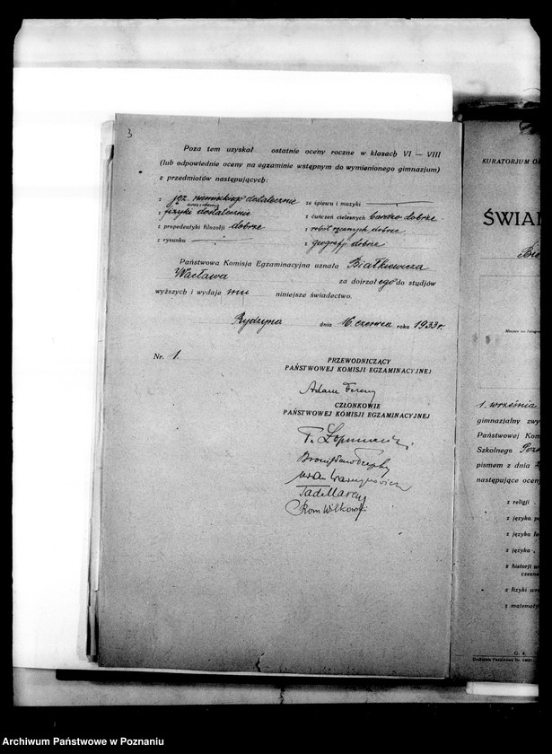 Obraz 6 z jednostki "Prywatne Gimnazjum imienia Sułkowskich w Rydzynie [odpisy świadectw egzaminu dojrzałości 1938 i 1939]"