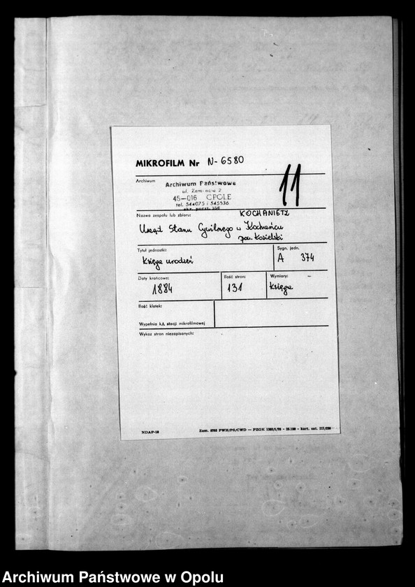 image.from.unit.number "Urząd Stanu Cywilnego Kochaniec Księga urodzeń rok 1884"
