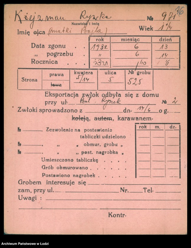 Obraz 17 z jednostki "Kartoteka osób pochowanych na cmentarzu żydowskim przy ulicy Brackiej w latach 1892-1951. Nazwiska na litery: Kei-Ki"
