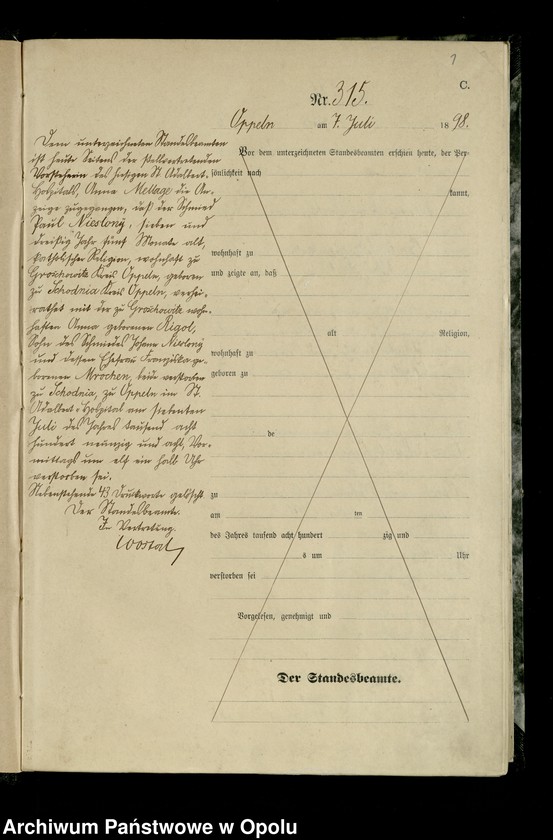 Obraz 4 z jednostki "Urząd Stanu Cywilnego w Opolu 1898 Rejestr zgonów Księga Miejscowa Nr 315 do 632"