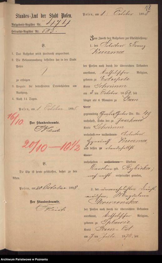 Obraz 20 z jednostki "Die von den Verlobten beigebrachten Urkunden zur Eheschliessung pro 1898"