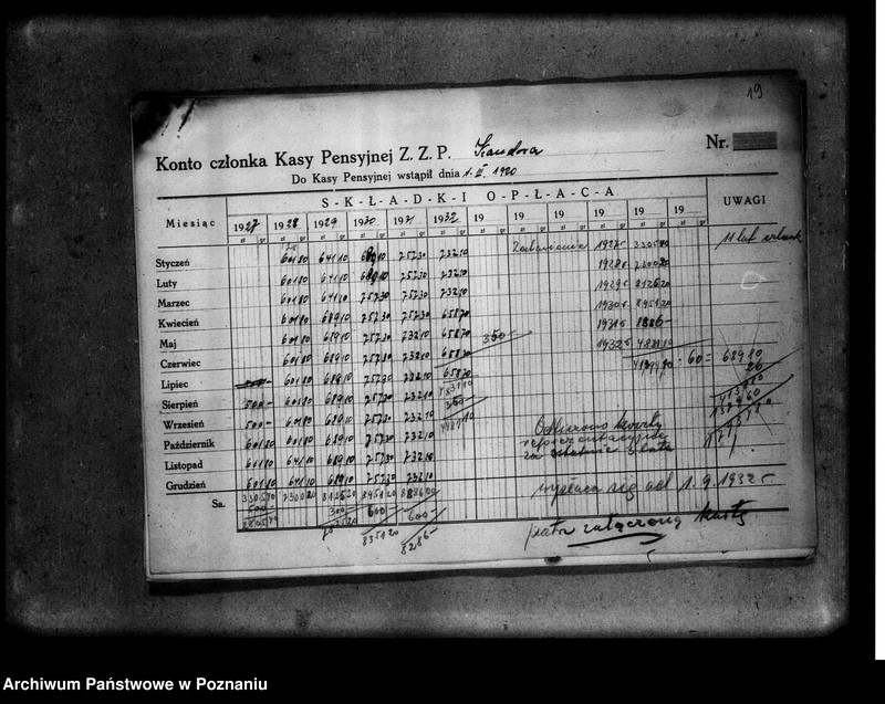 Obraz 19 z jednostki "Obliczone emerytury wypłacone z Kasy Emerytalnej "Wzajemnej Pomocy" urzędników Zjednoczenia Zawodowego Polskiego"