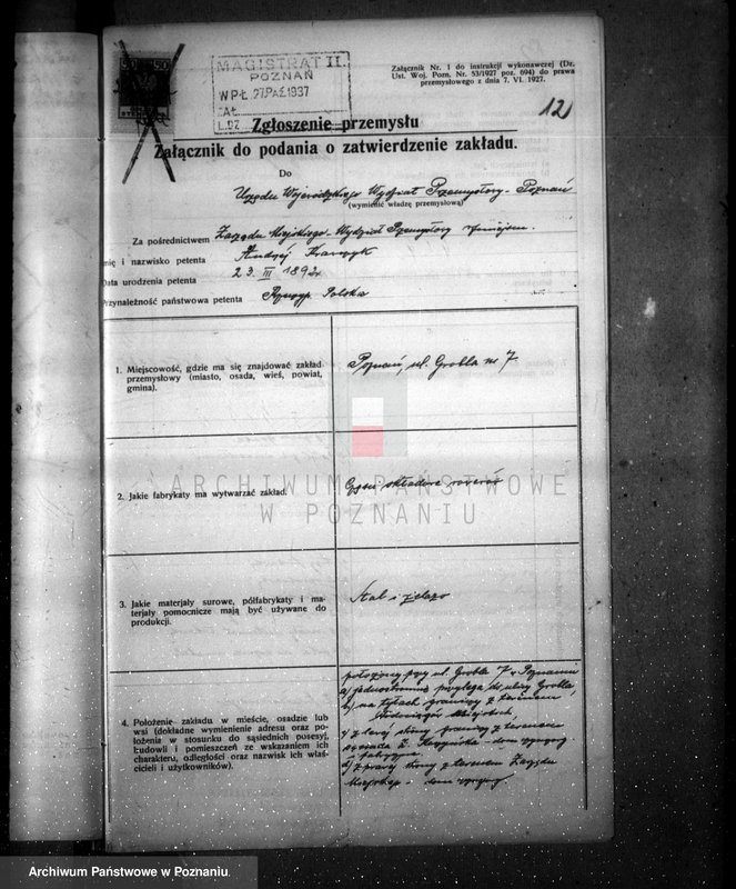 Obraz 16 z jednostki "Zatwierdzenie zakładu przemysłowego / warsztatu mechanicznego części rowerowych/ Firmy Andrzeja Krawczyka w Poznaniu"